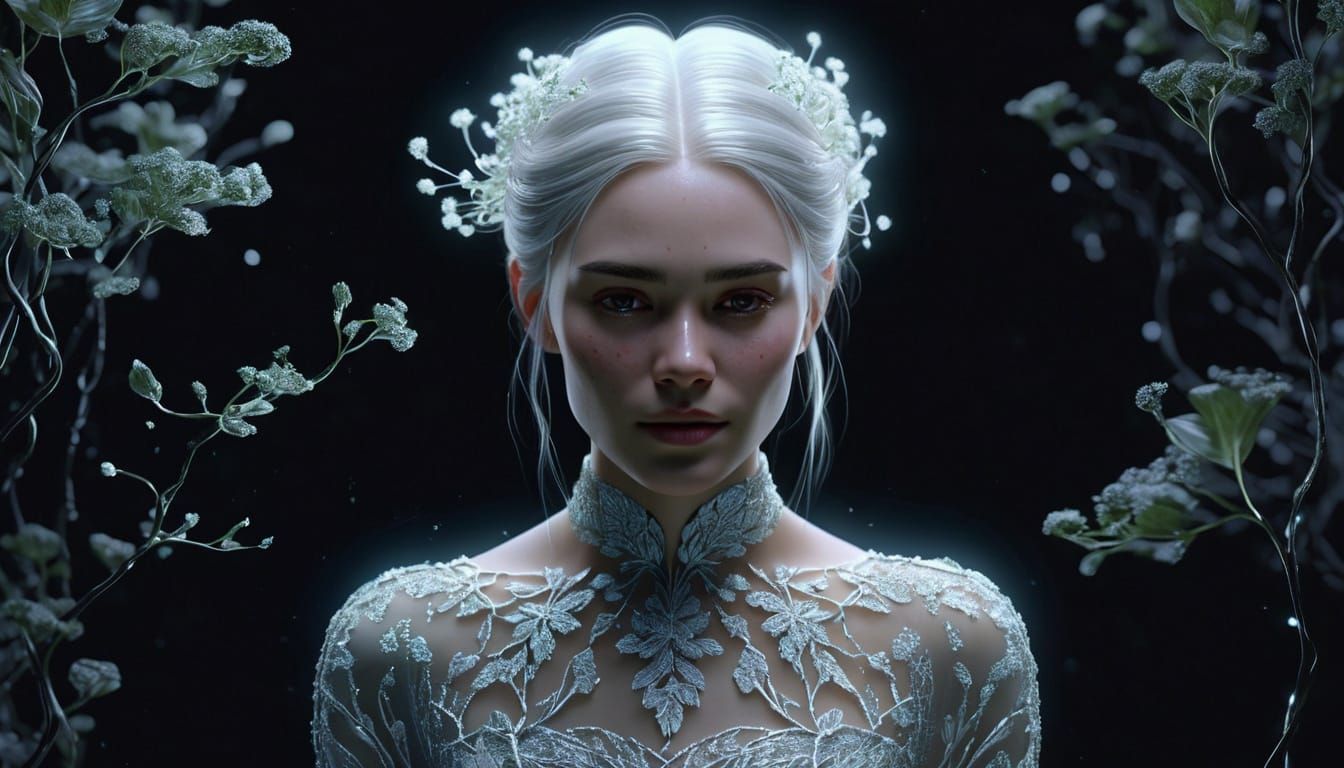 Ethereal Woman with Bio-Organic Dress in Hyperrealism