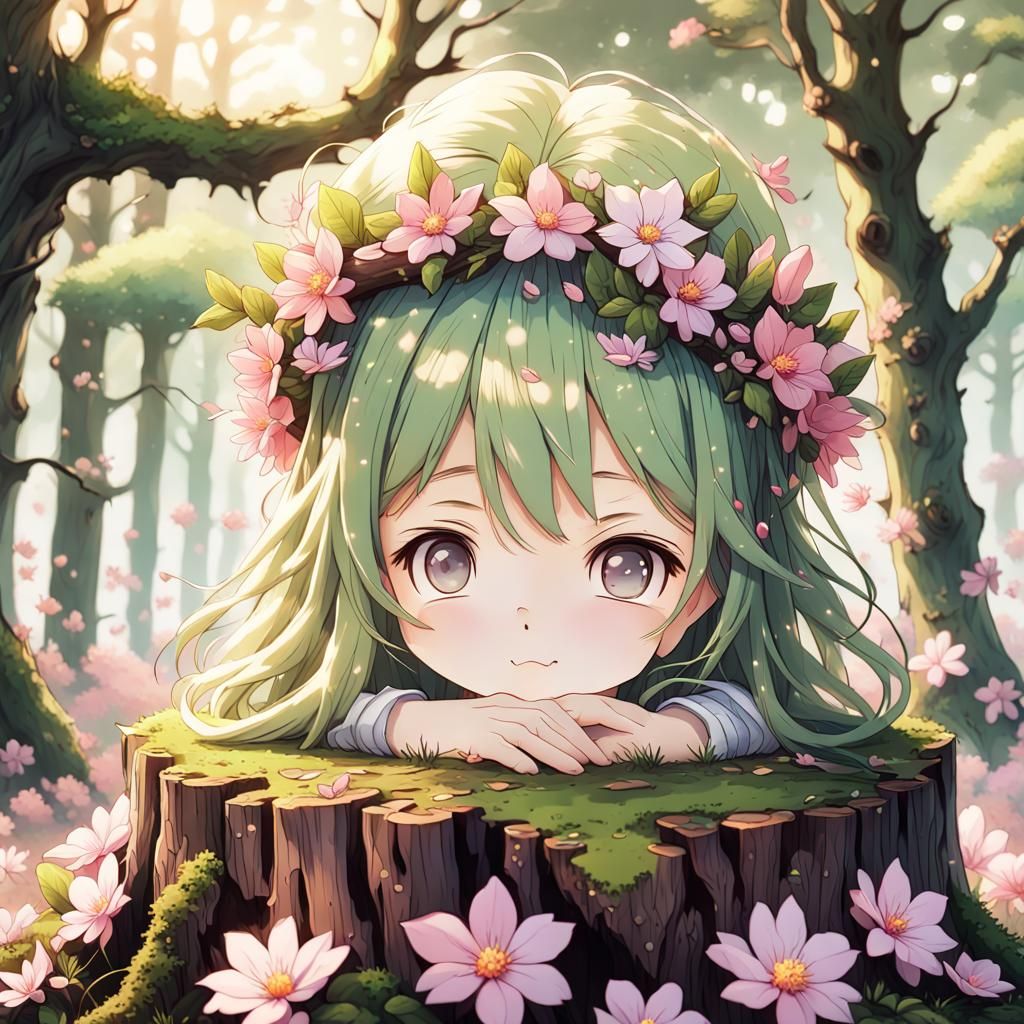 Anime Art: Flower Crown on Mossy Stump
