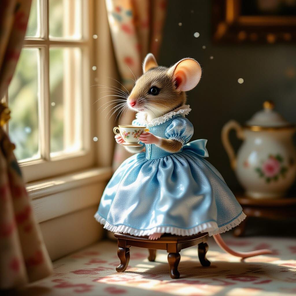 Elegant Mouse in Blue Gown with Teacup