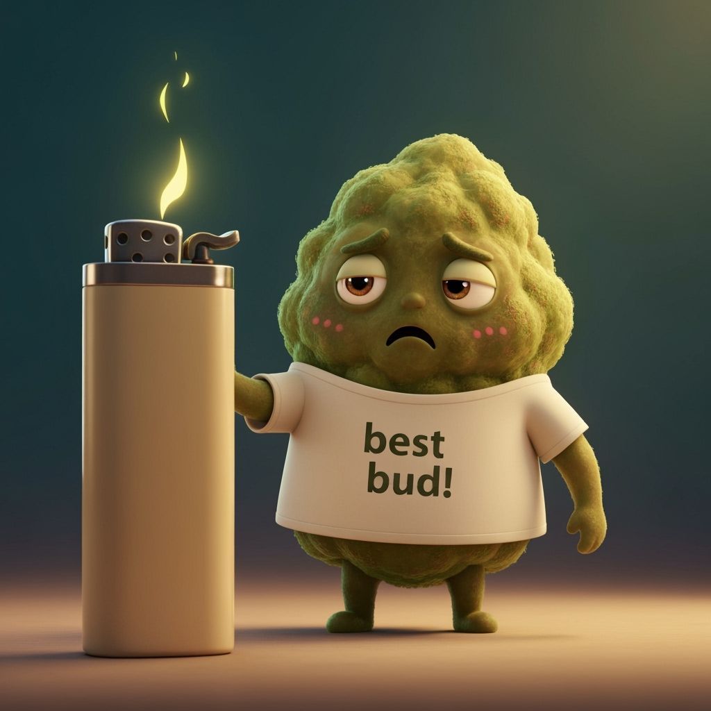Sad Weed Nugget Character Offers Lighter in Cartoon Style