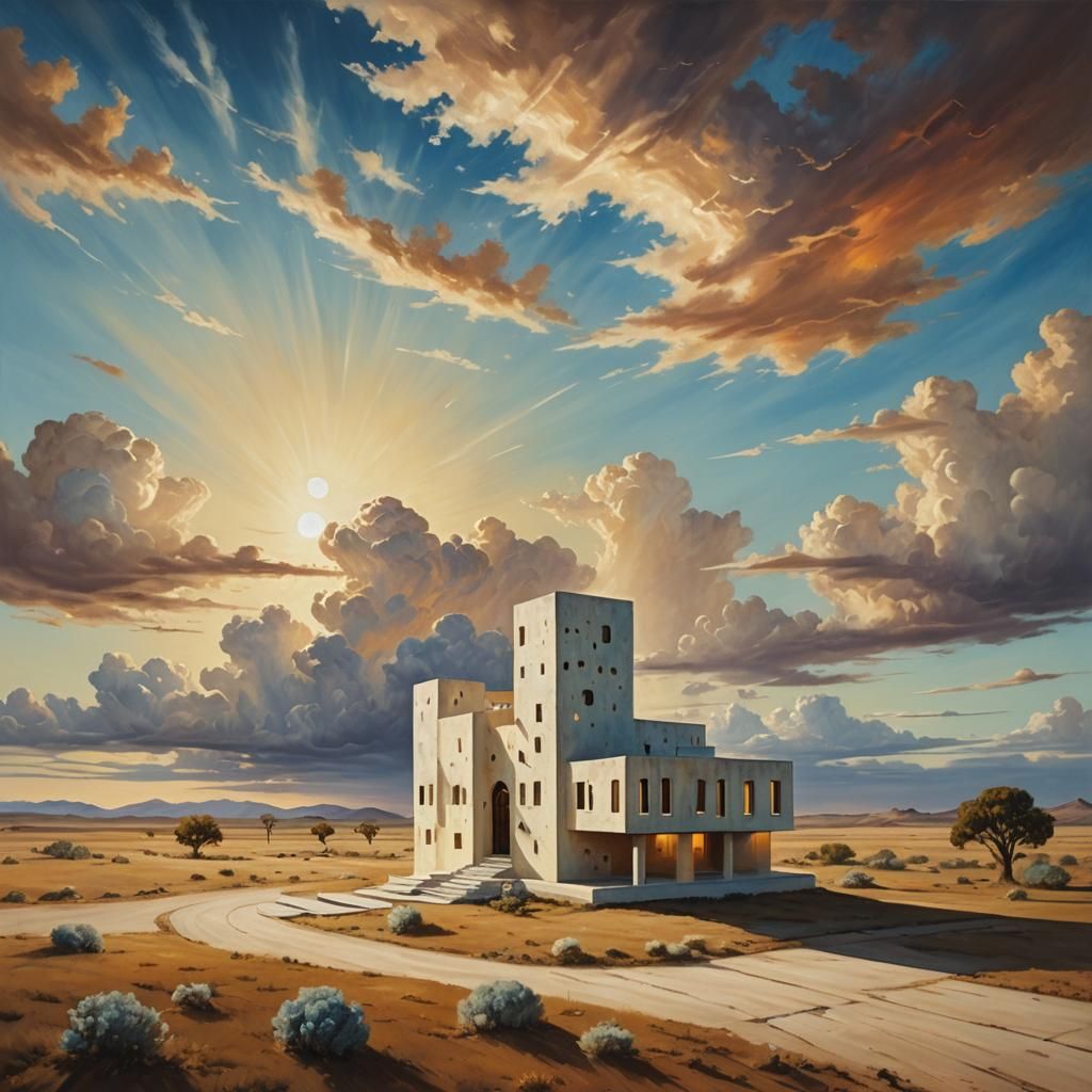 Domino Funeral Home in Surreal Landscape, Oil Painting