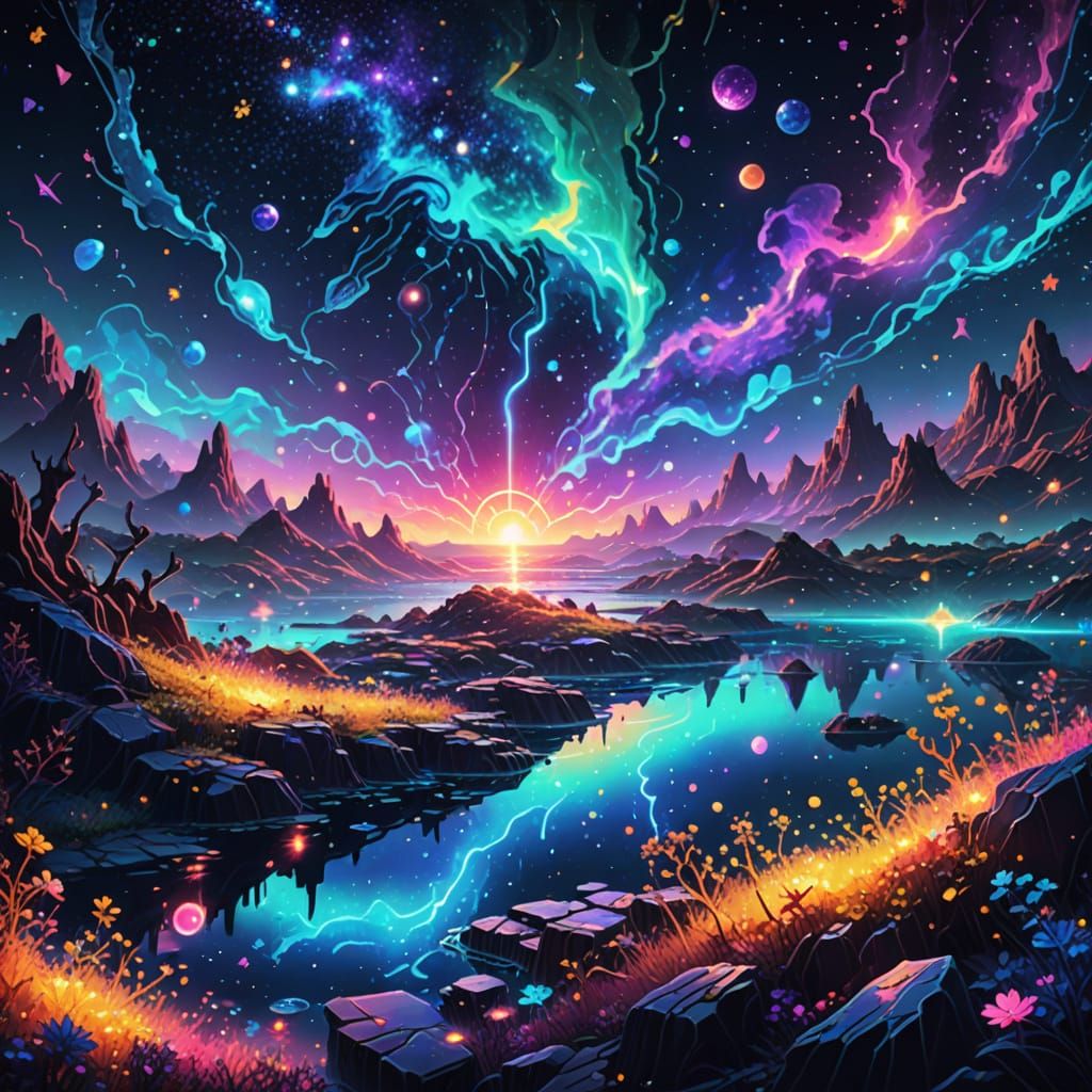 Neon Fantasy World with Magic Puzzle Pieces