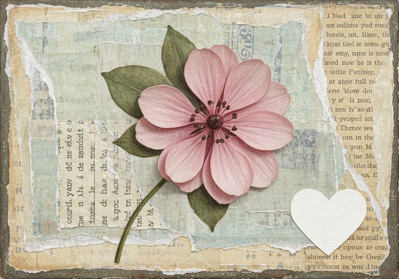 Delicate Pink Flower Mixed Media Art with Vintage Charm