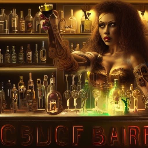 Cyborg Bartender in a Maximalist Digital Painting