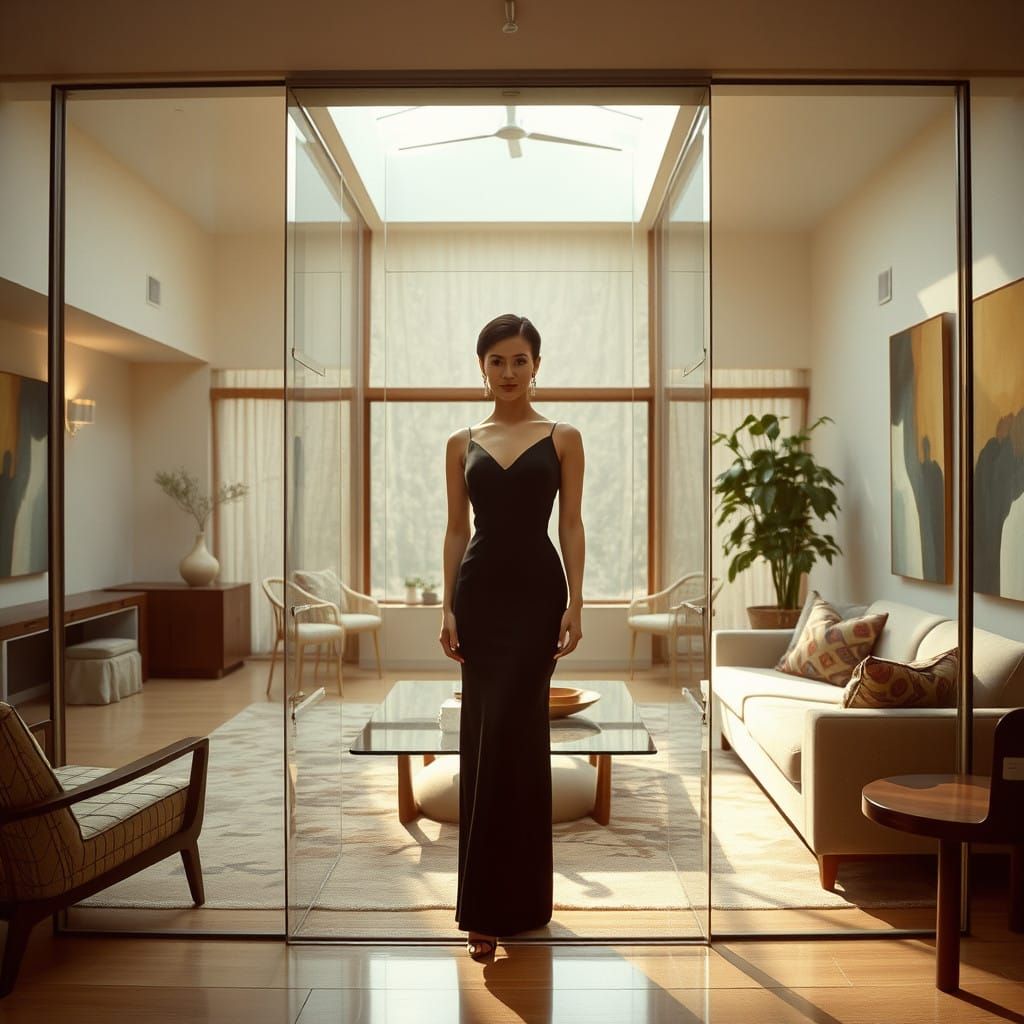 Elegant Woman Trapped in Modernist Glass Cabinet in Midcentu...