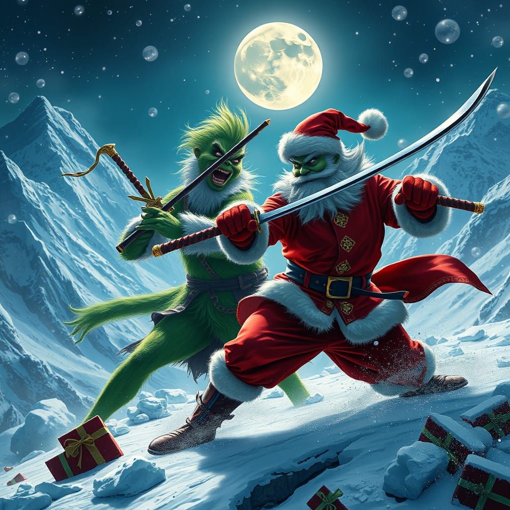 Ninja Christmas Clash in Snowy Mountain Landscape