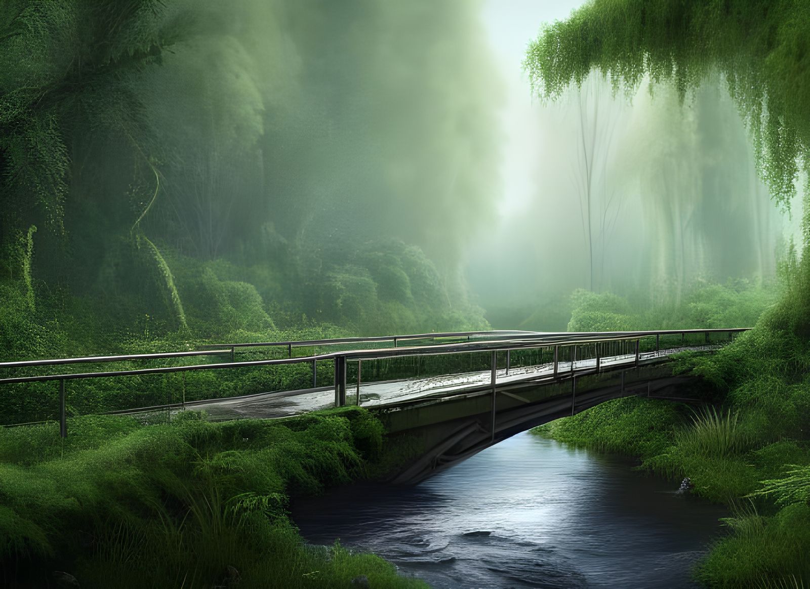 Overgrown Bridge Reflects in Forest River: Hyperrealistic CG...