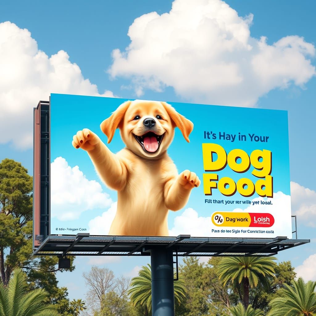 Futuristic Dog Food Billboard with Happy Golden Retriever