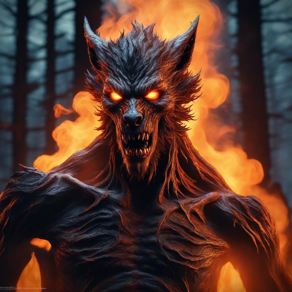 Flaming Werewolf in Dead Forest: Fantasy Concept Art