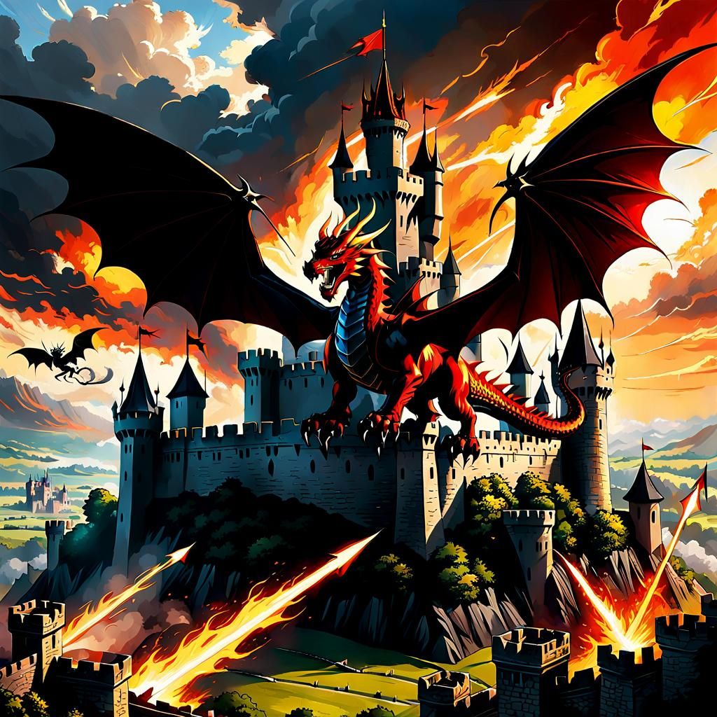 Dragons Attack Castle in Epic Fantasy Illustration