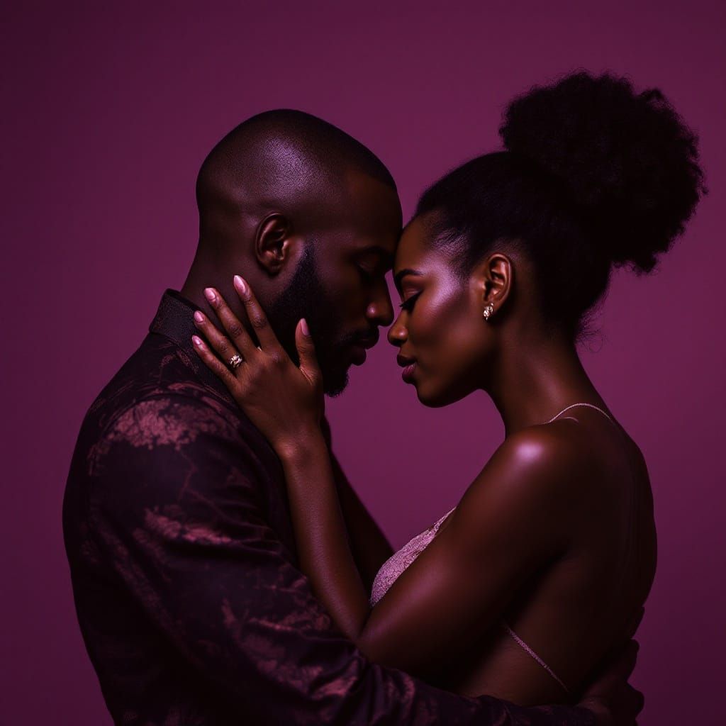 Soulful Afro American Couple Embracing in Warm, Plum-Purple ...