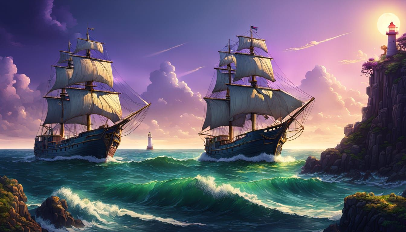 Sailing Ship on Ocean in Purple and Green Hues