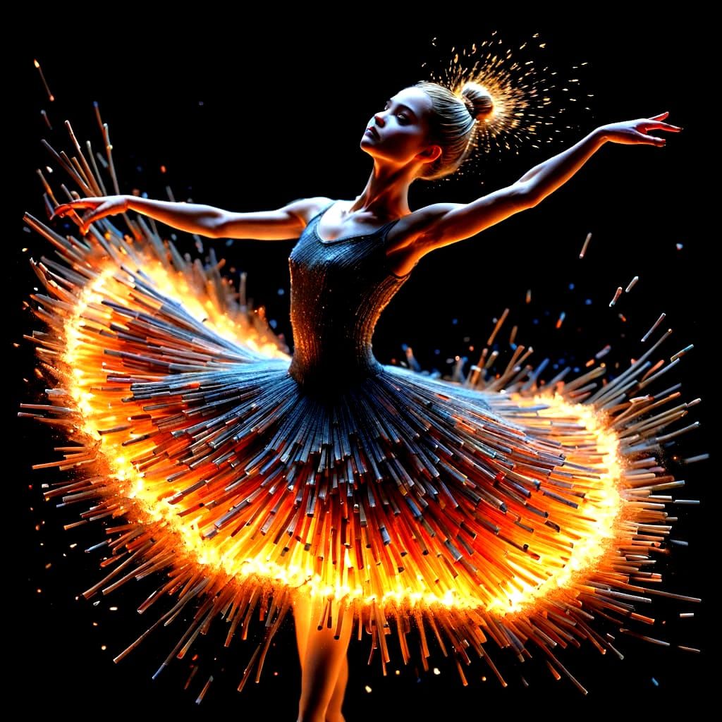 A ballerina, in matchstick tutu made entirely of matches