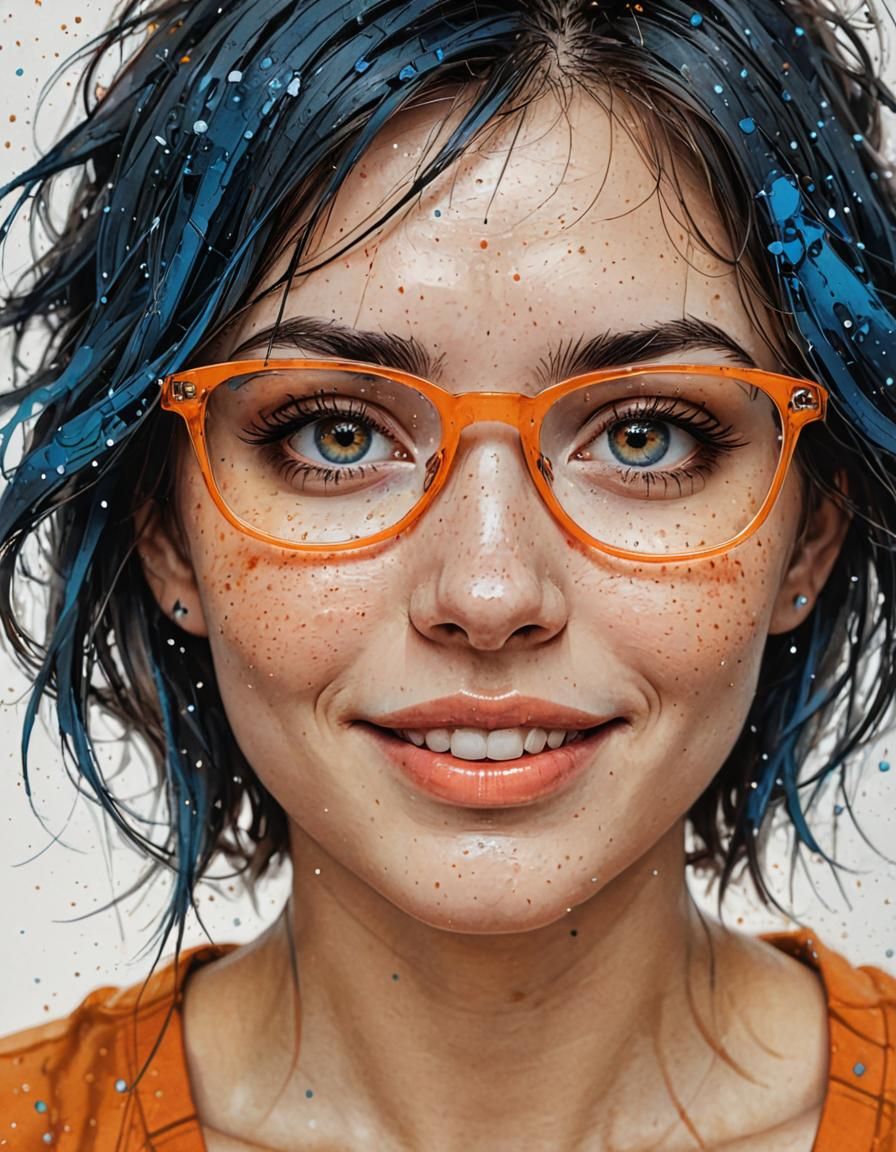 Smiling Girl with Orange Glasses in Ink Art