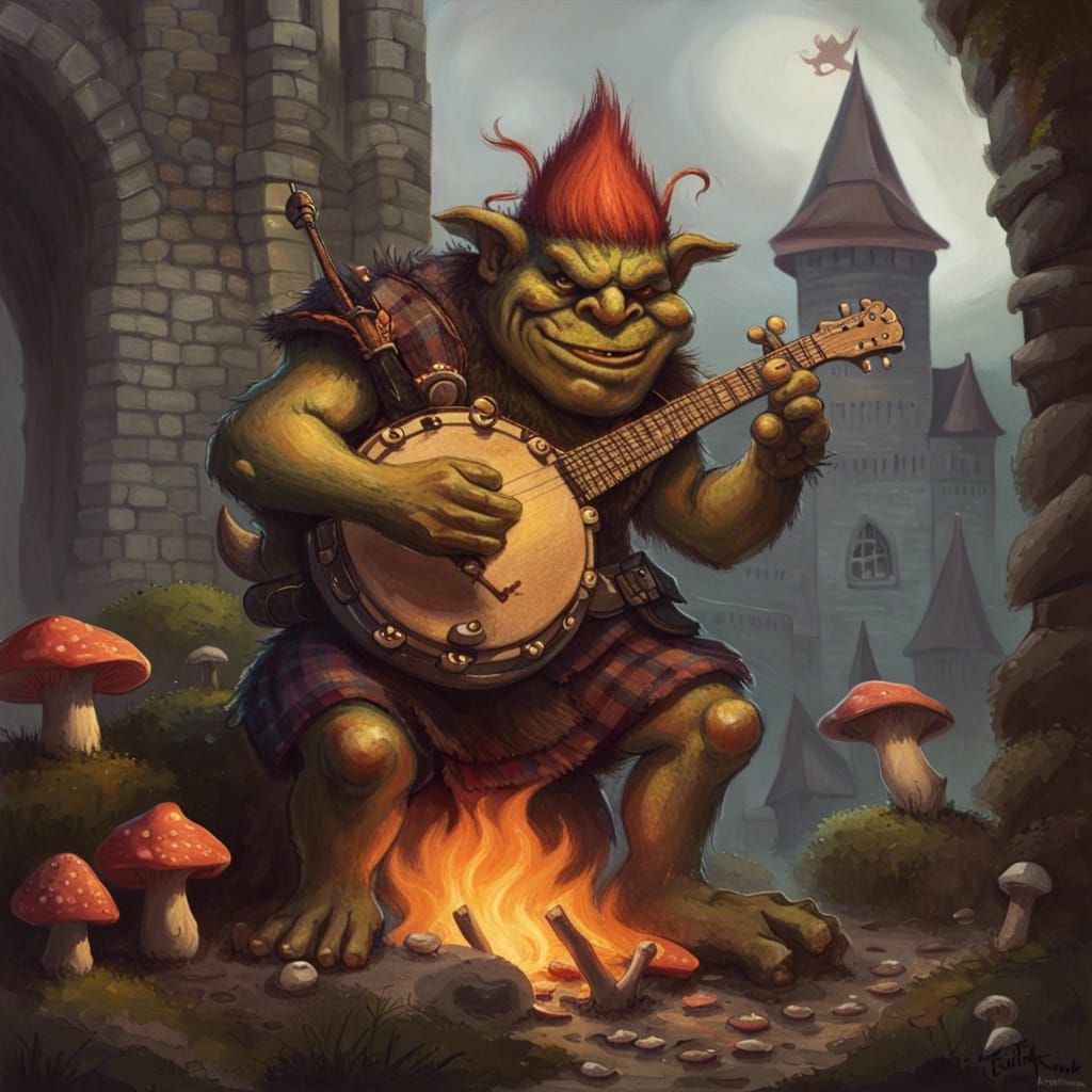 Fiery Kilted Troll Plays Banjo at Mushroom Castle