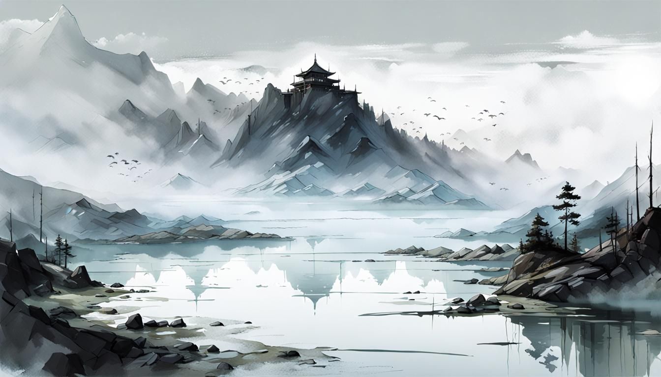 Mountain Lake at Dawn with Fog, Digital Art