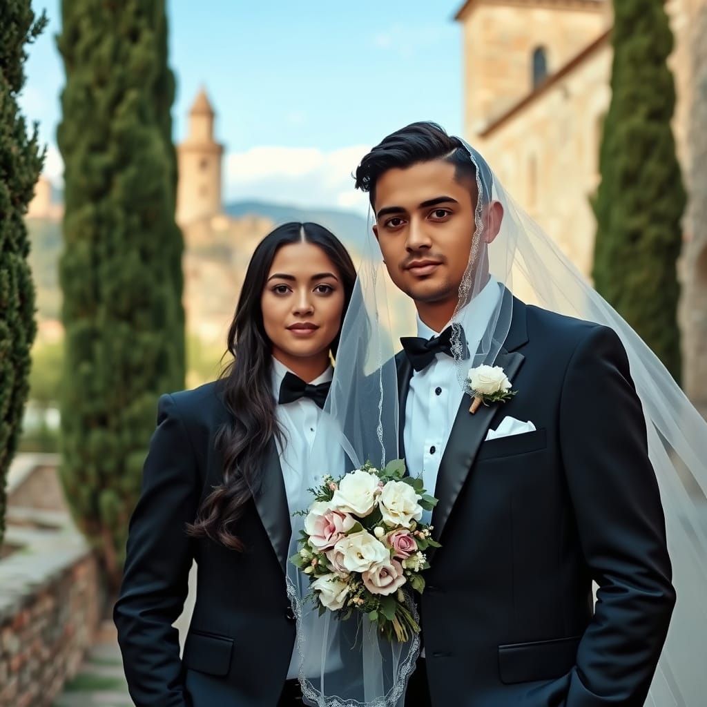 Italian Romance: Latino Couple in Tuxedo and Veil