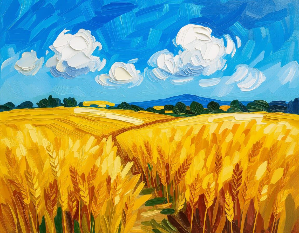 Golden Wheat Field Under Blue Sky Impasto Painting
