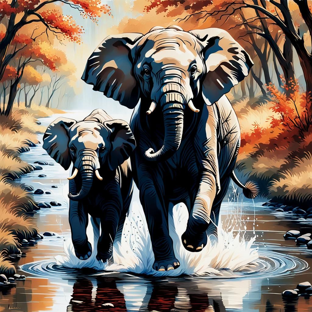 Elephant Family in African Savanna: Photorealistic Style