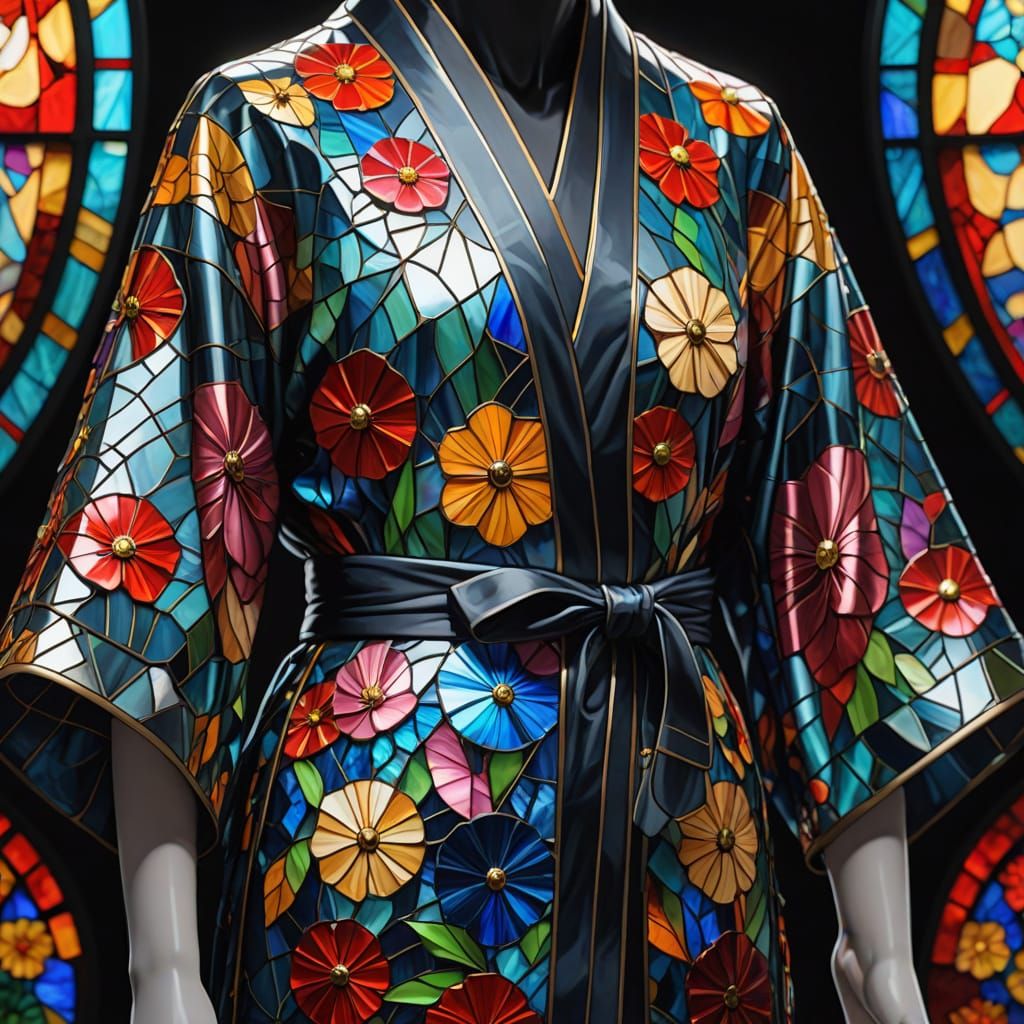 Hyperrealistic Stained Glass Kimono With Intricate Patterns