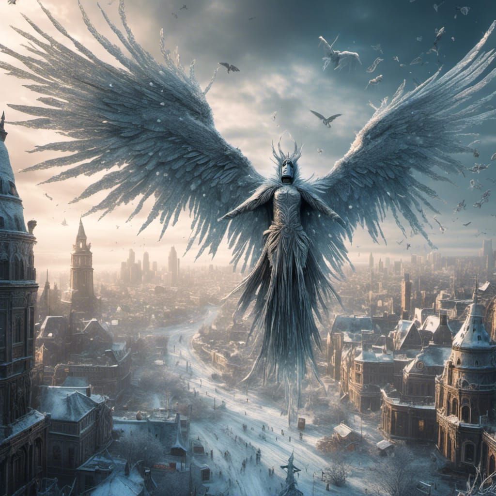 Frozen City Apocalypse with Seraph, Dark Fantasy Art