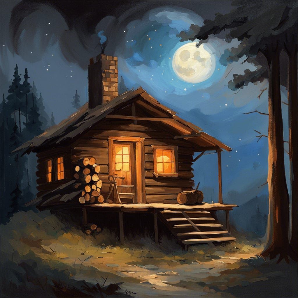 Cozy Cabin Under Moonlight, Oil Painting Style
