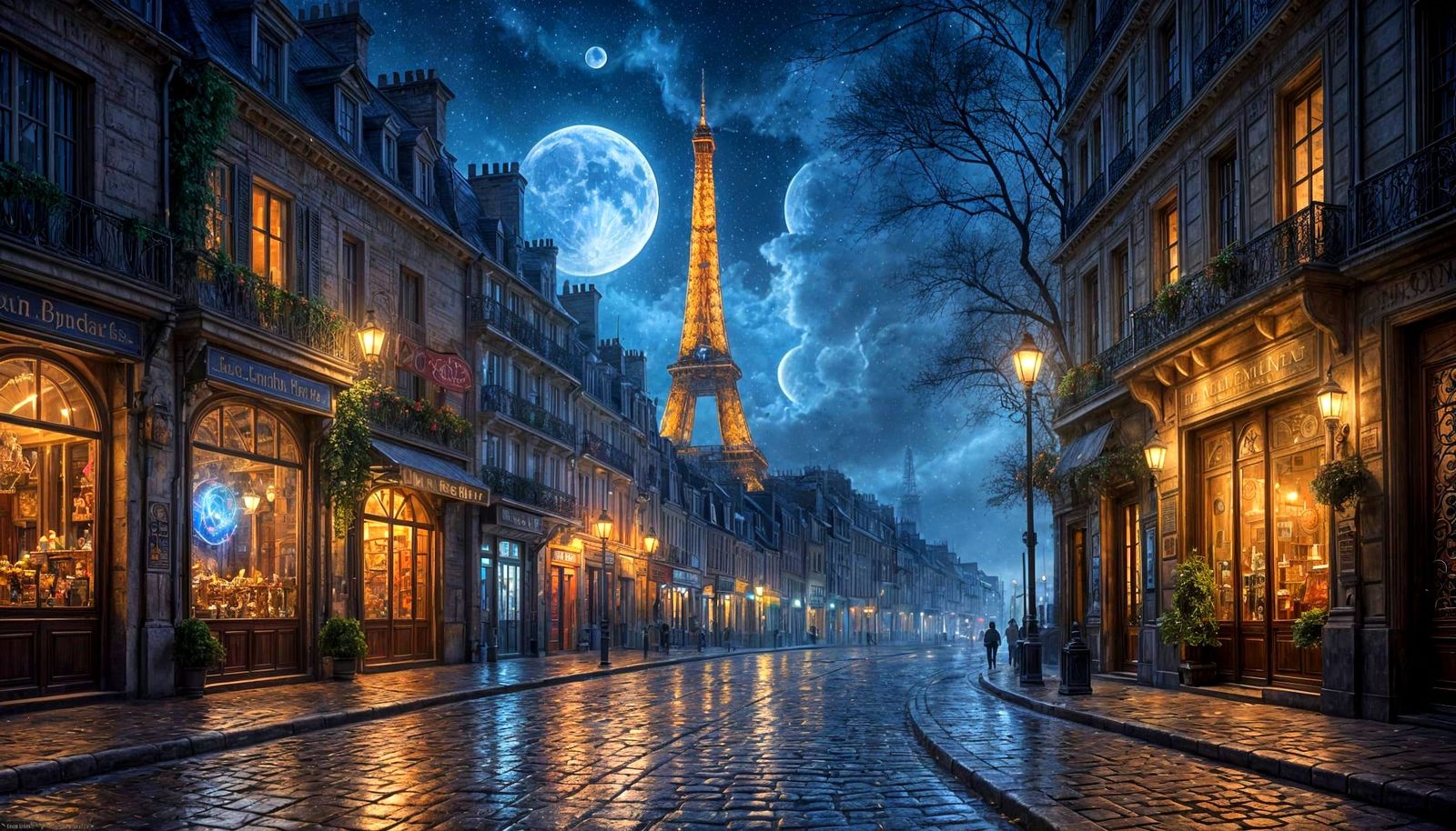 Ethereal Parisian Night Street with Eiffel Tower