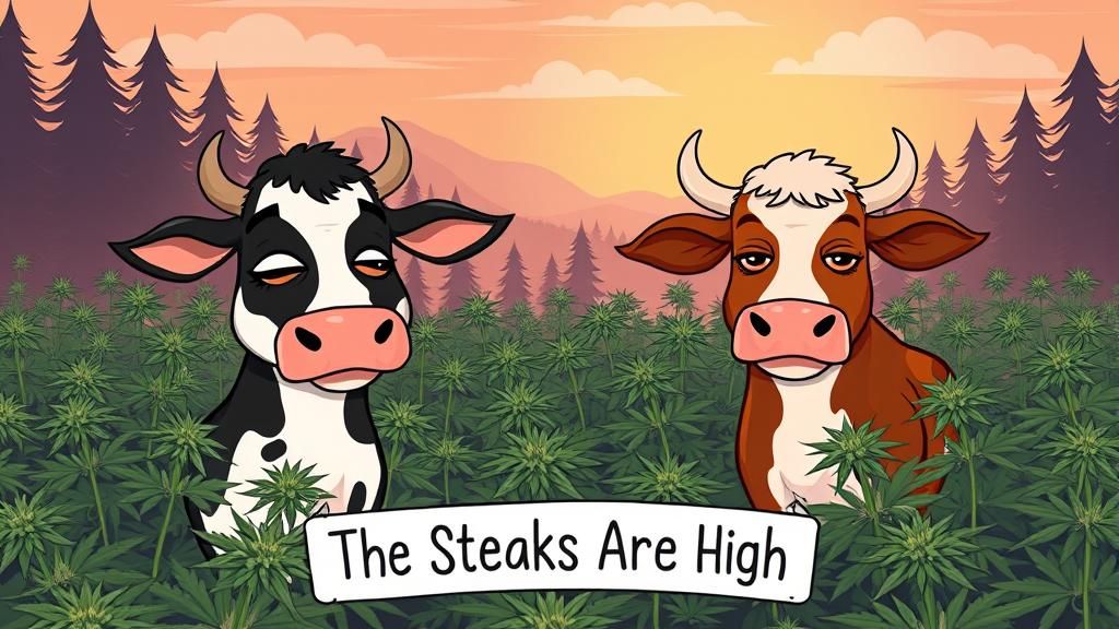 Cartoon Cows in Cannabis Field Illustration
