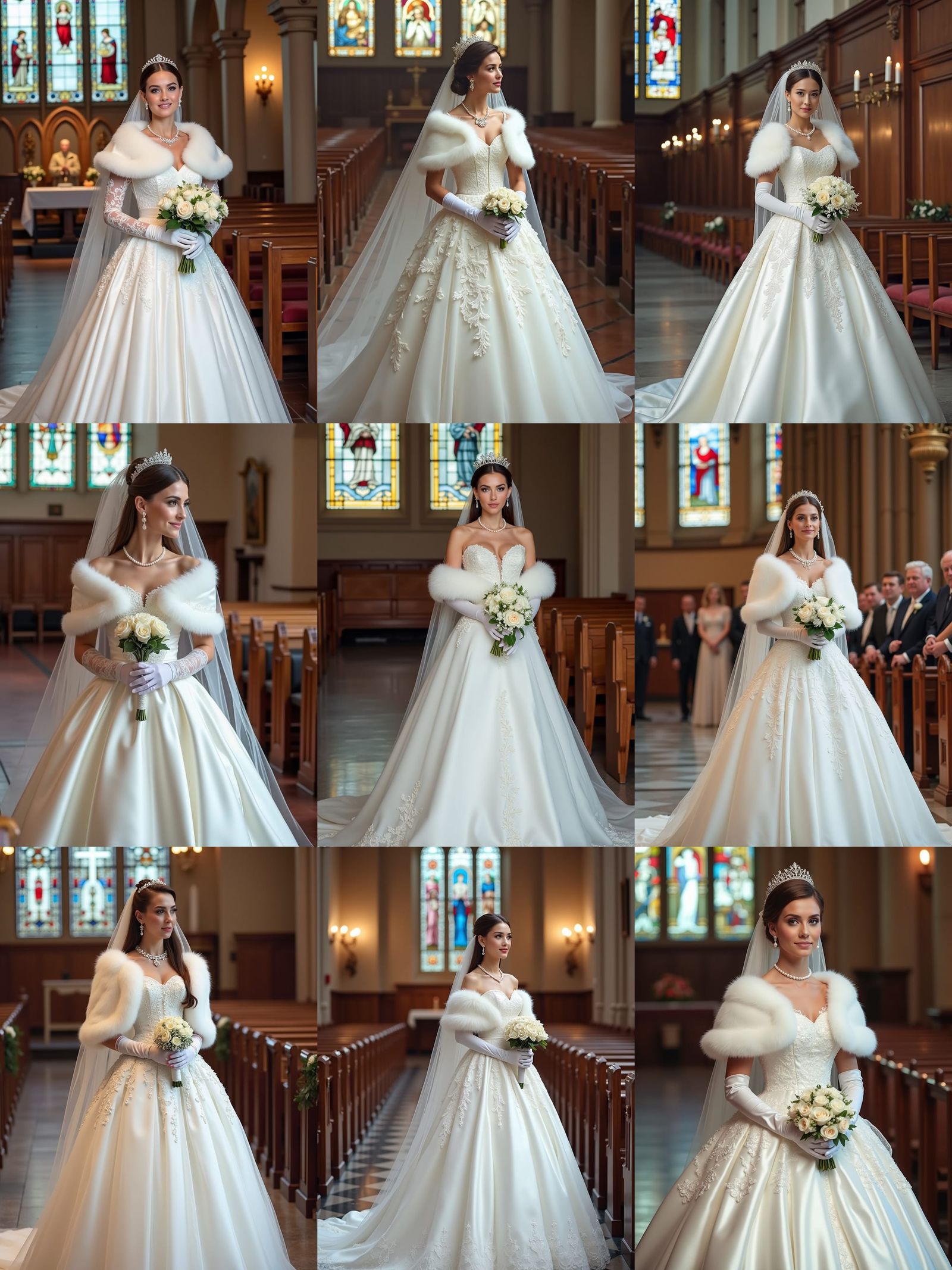 Bride in White Satin and Tulle Wedding Dress