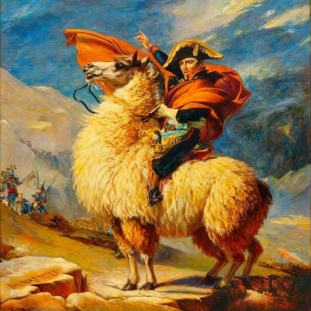 Napoleon on a Giant Llama, Vibrant Painting