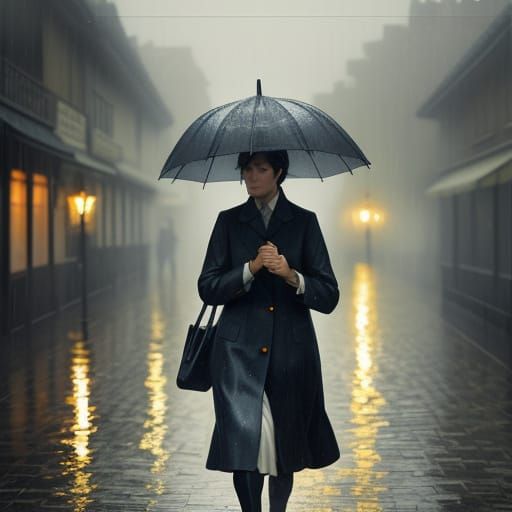 Woman Walking in Summer Rain: Impressionist Painting