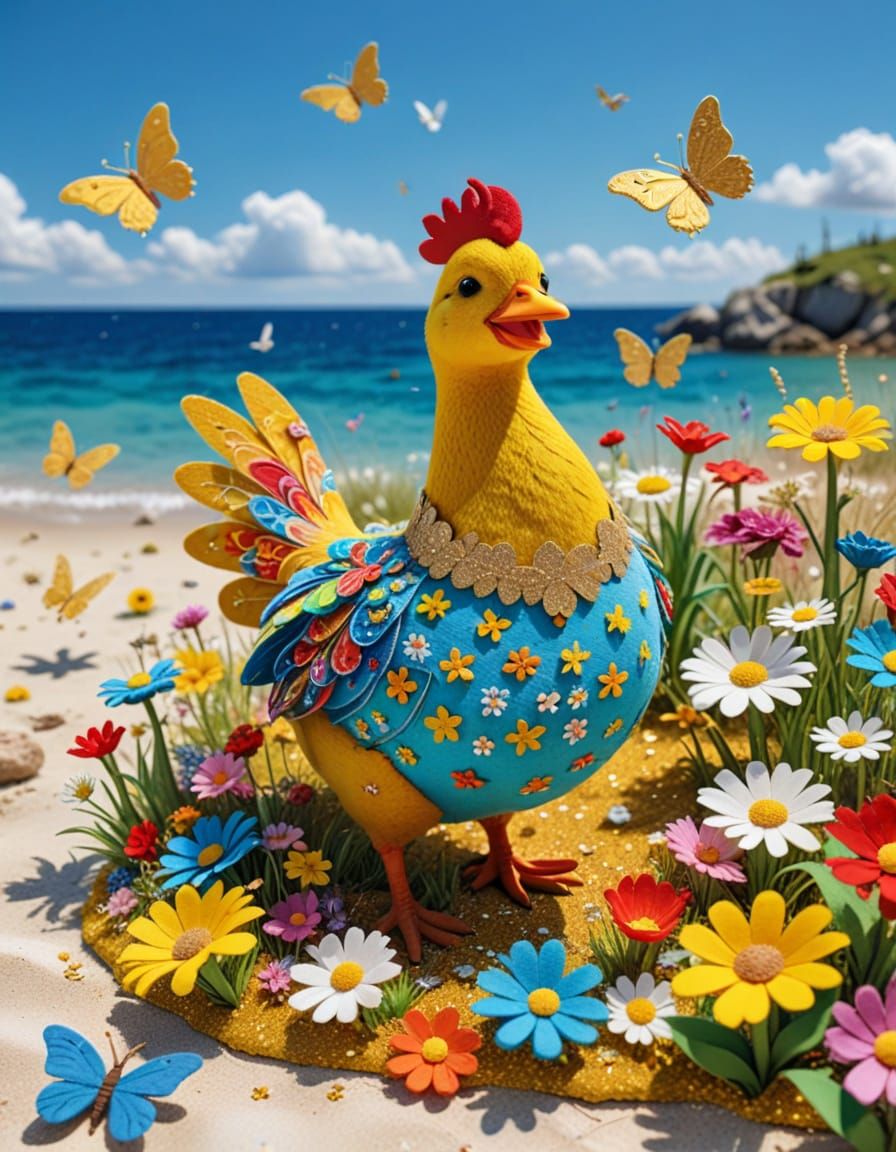 Felt Art Chicken Enjoying Beach Holidays with Duck