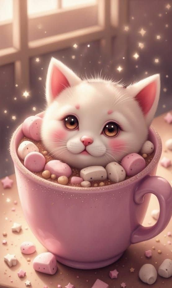 Cute Cat Marshmallows in Hot Chocolate, Anime Food Style