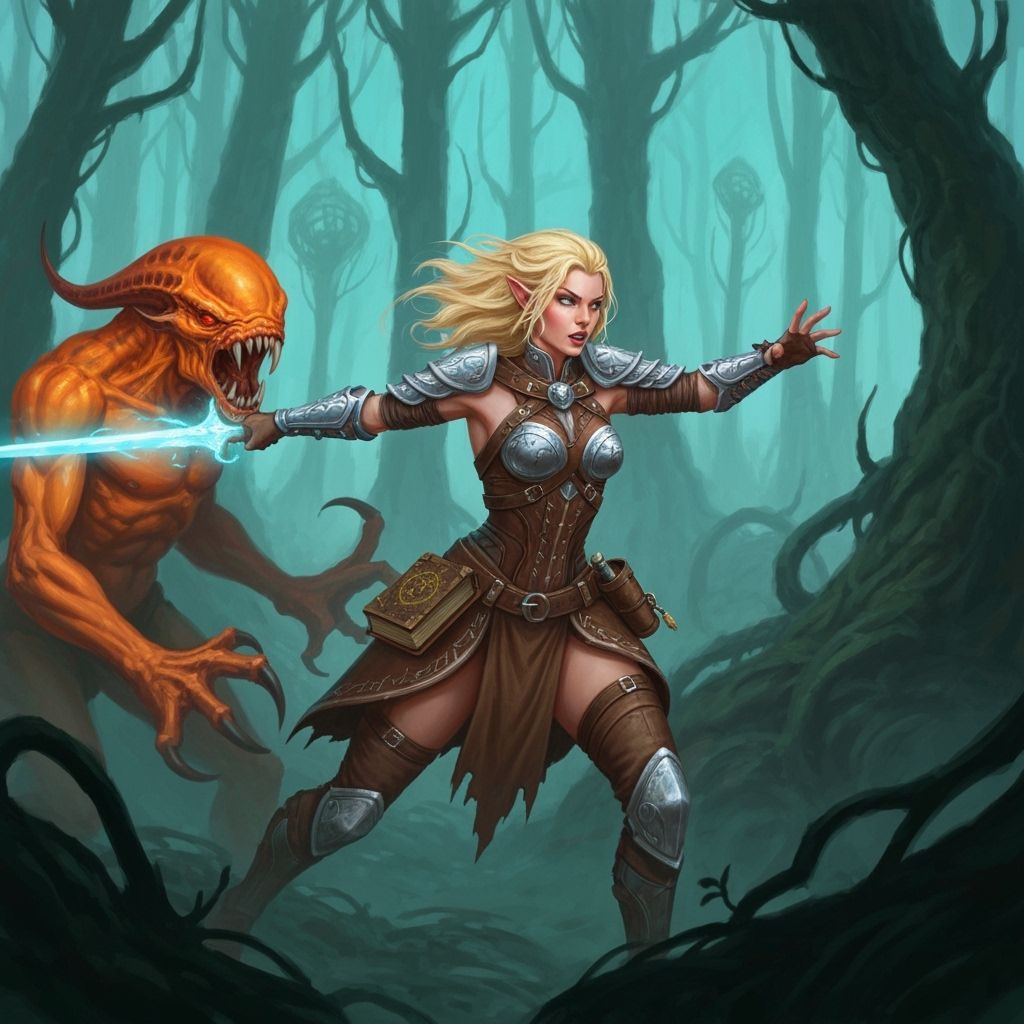 A blond haired female elven spellsword fighting an alien beast.