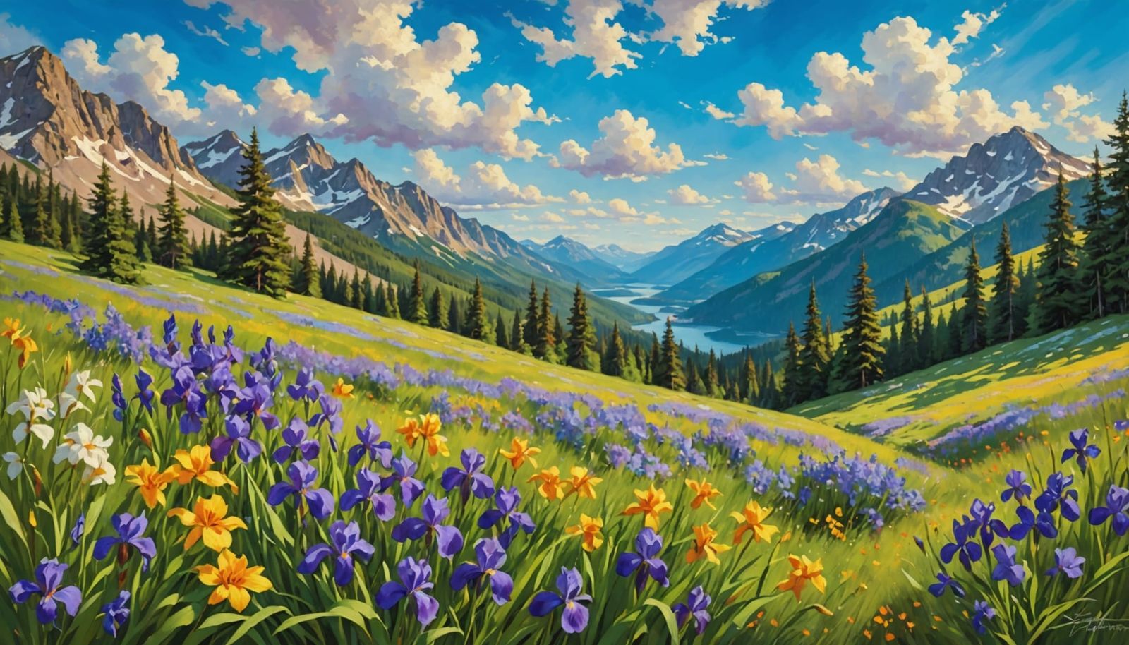 Warm Mountain Meadow in Vibrant Impressionist Style