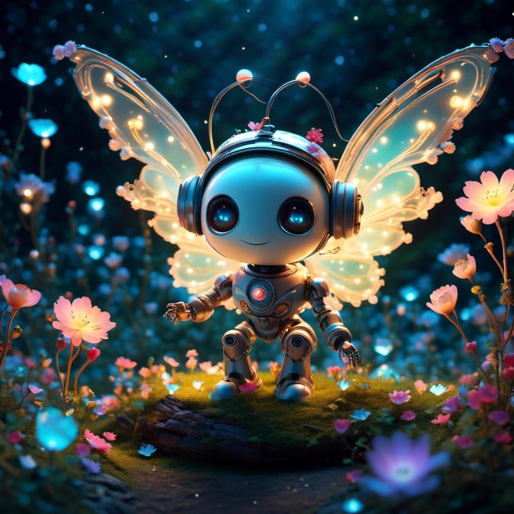 Adorable Robot Fairy Surrounded by Glowing Flowers
