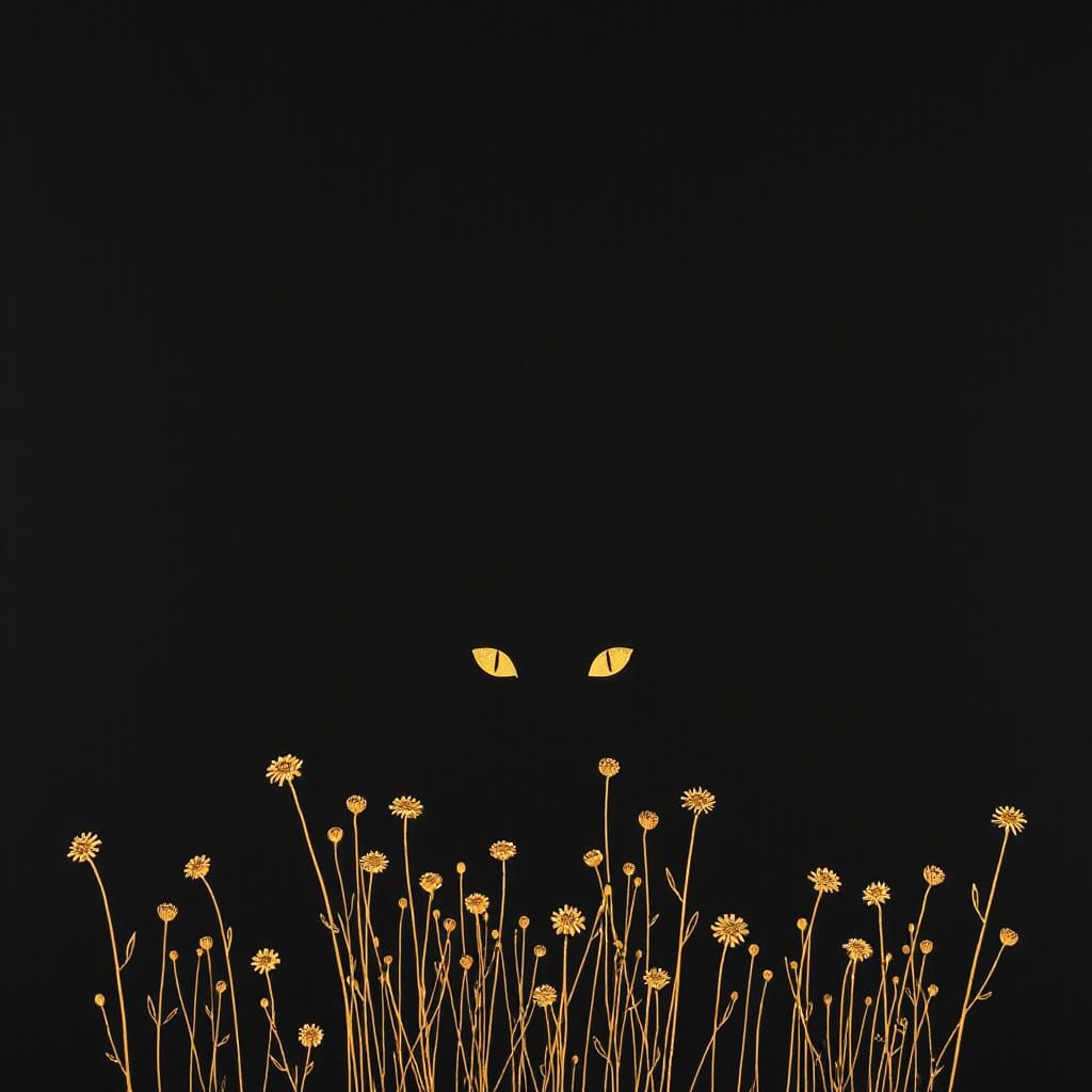 minimalist, single-line metallic gold drawing on a solid black background, enchanting beastie in dark glade/bright eyes ...