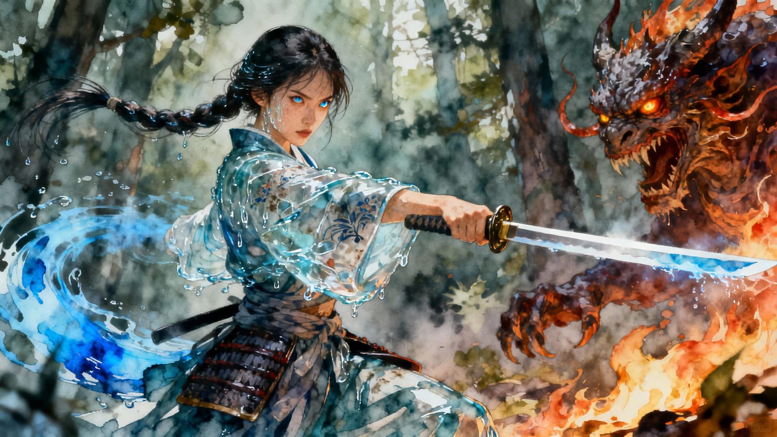 Water Samurai Fights Fire Monster in Forest