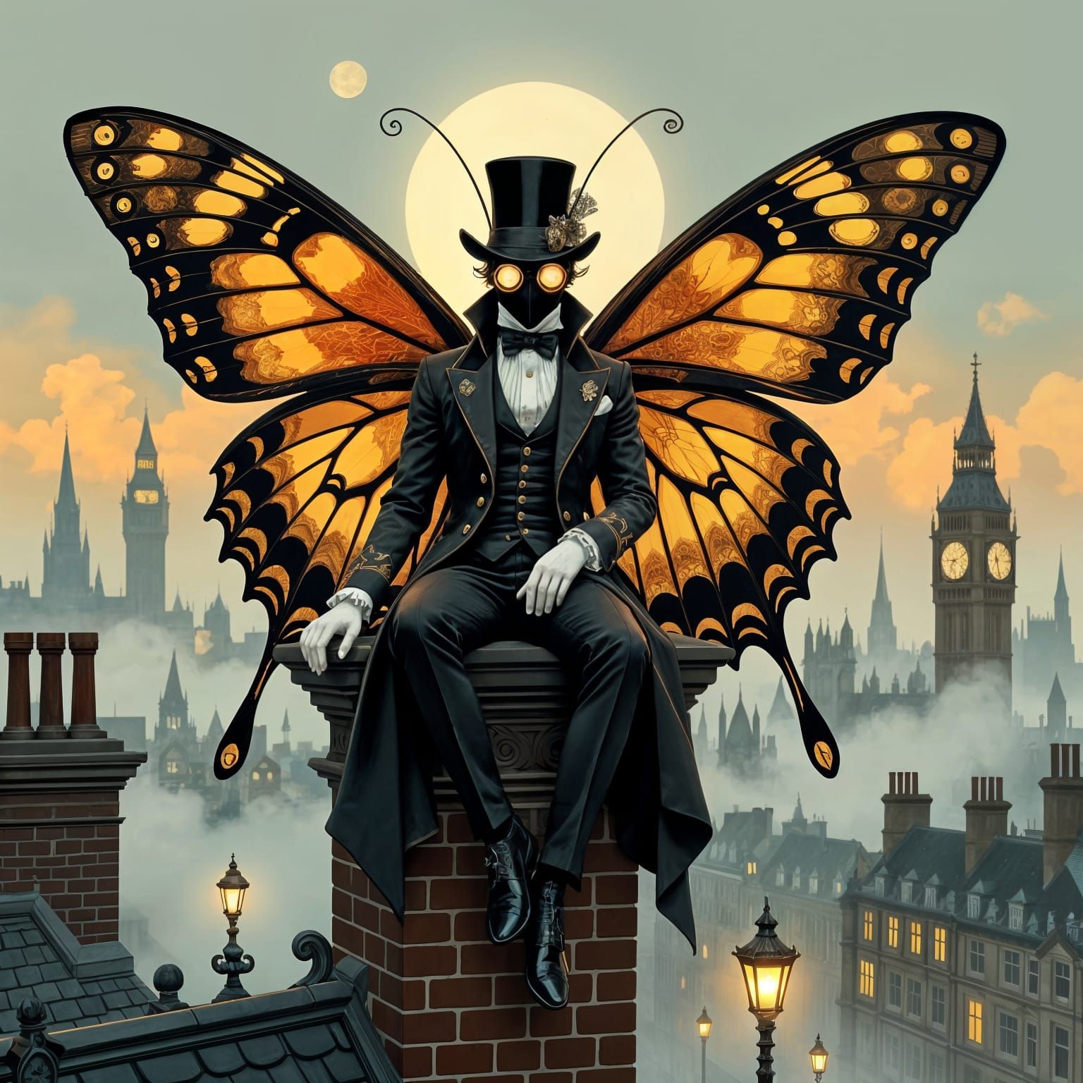 Steampunk Moth-Man Over London in Gothic Victorian Style