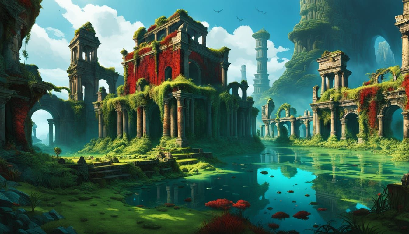Submerged Atlantean City Ruins Covered in Moss