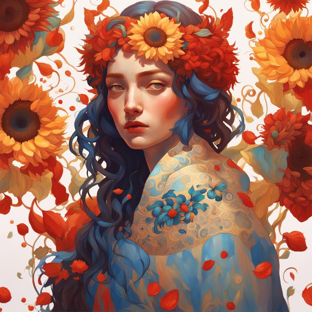 Art Deco Portrait: Blue Sunflower on Red, Klimt Style