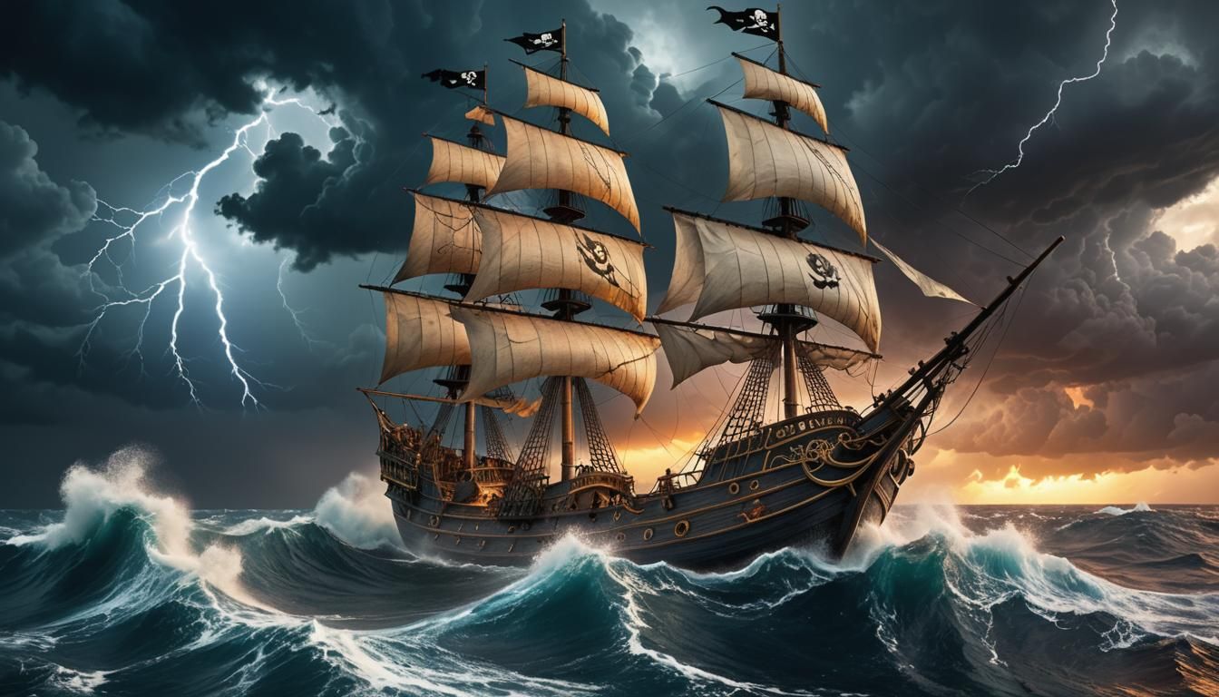 Pirate ship with all its sails flying, on a storm