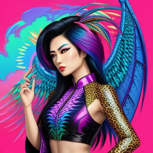 Synthwave Woman with Dragon Scales and Wings