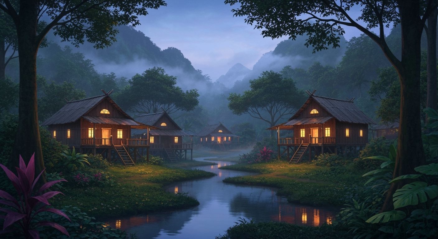Twilight Jungle Village in Romantic Realism Style
