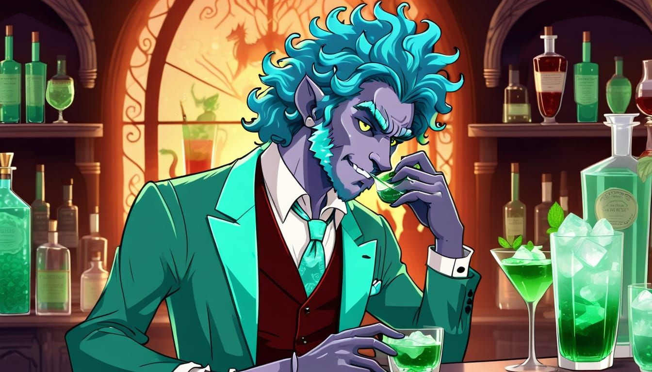 Elegant Werewolf Sips Minty Cocktail in Formal Attire