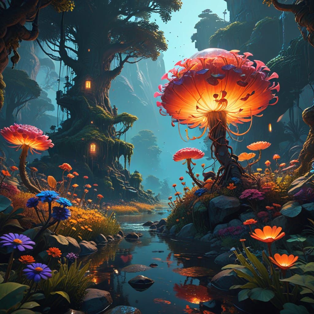 Dreamlike Garden of Whimsy and Wonder in a Cyberpunk Aesthet...