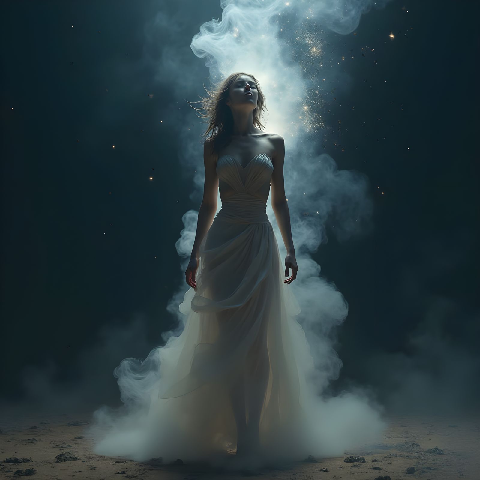 Ethereal Smoke Goddess Under Starry Night Sky in Cosmic Art