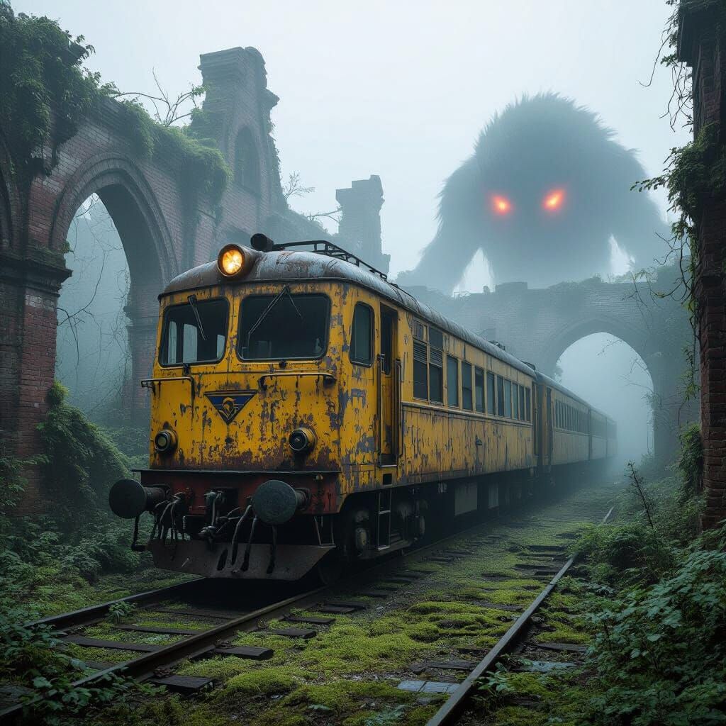 Eerie Abandoned Train Horror Scene in Fog
