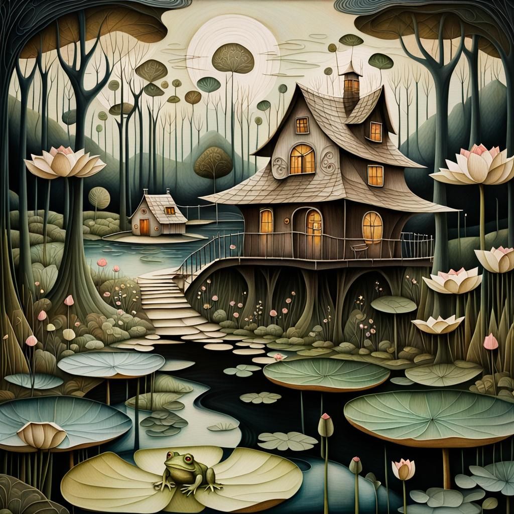 Surreal Village Scene with Frog in Bosch Style