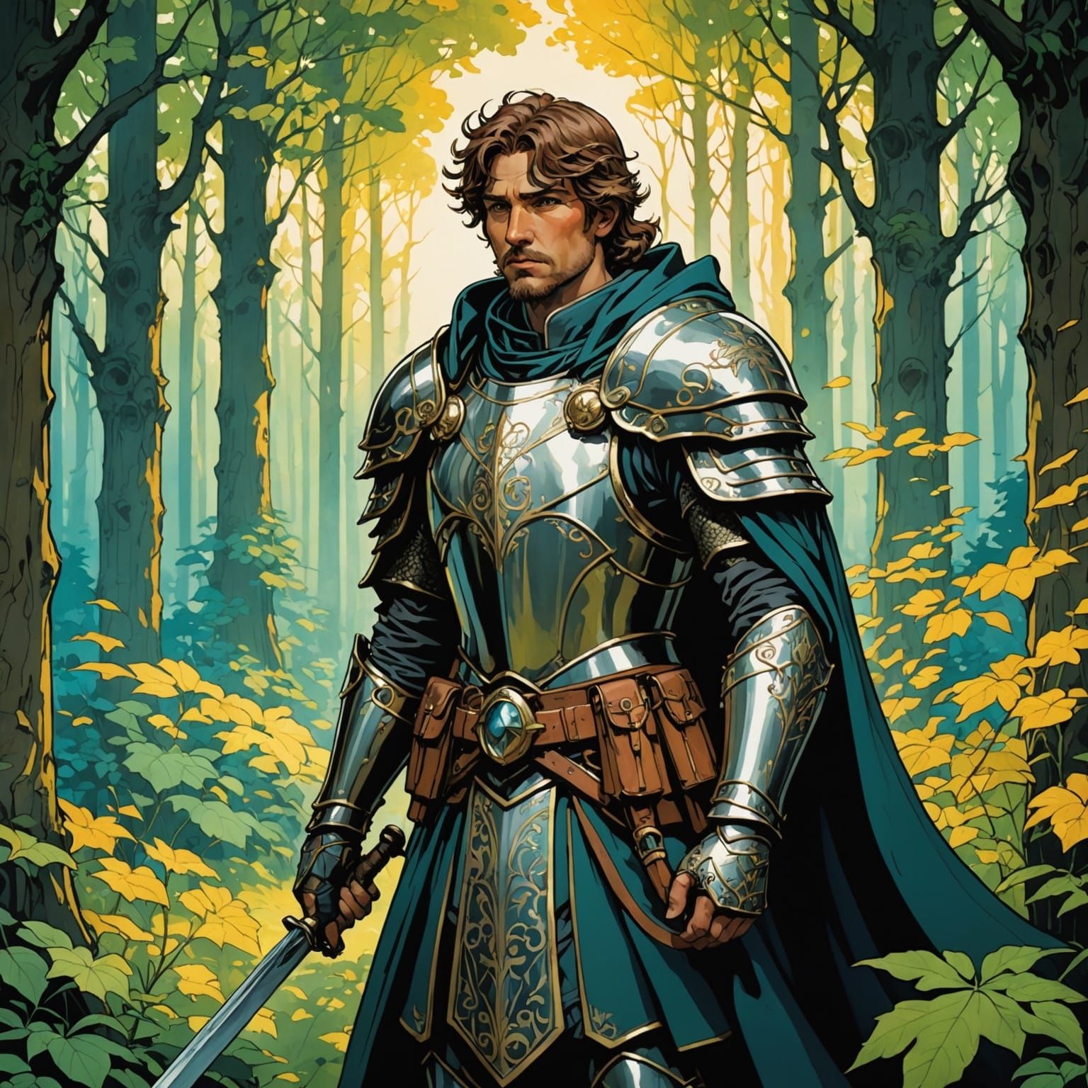 Ethereal Paladin in a Vibrant Dark Forest